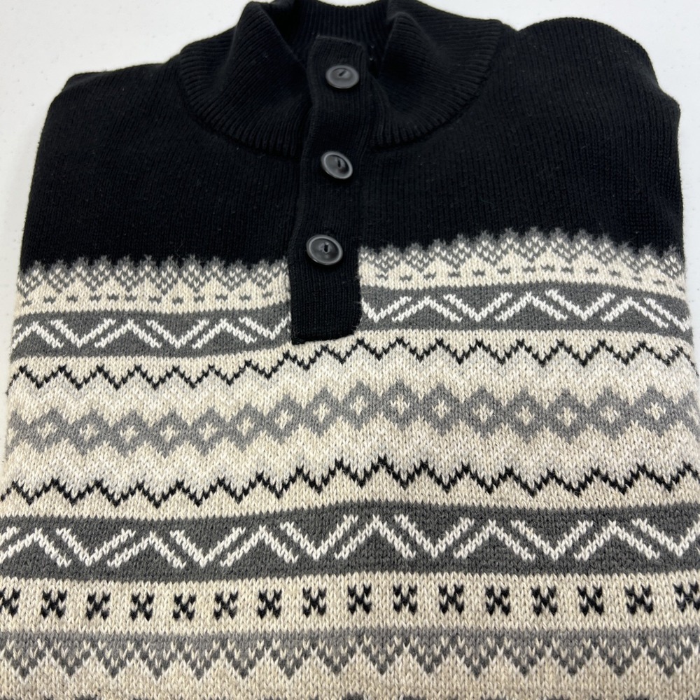 Chaps Black &‎ Gray Preppy Isles Geometric 100% Cotton Sweater Size Medium